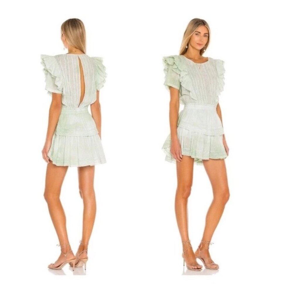 LoveShackFancy Natasha Light Green Lace Embroidered Ruffle Mini Dress Xs